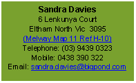 Text Box: Sandra Davies
6 Lenkunya Court
Eltham North Vic  3095
(Melway Map 11 Ref H-10)
Telephone: (03) 9439 0323
Mobile: 0438 390 322
Email: sandra.davies@bigpond.com